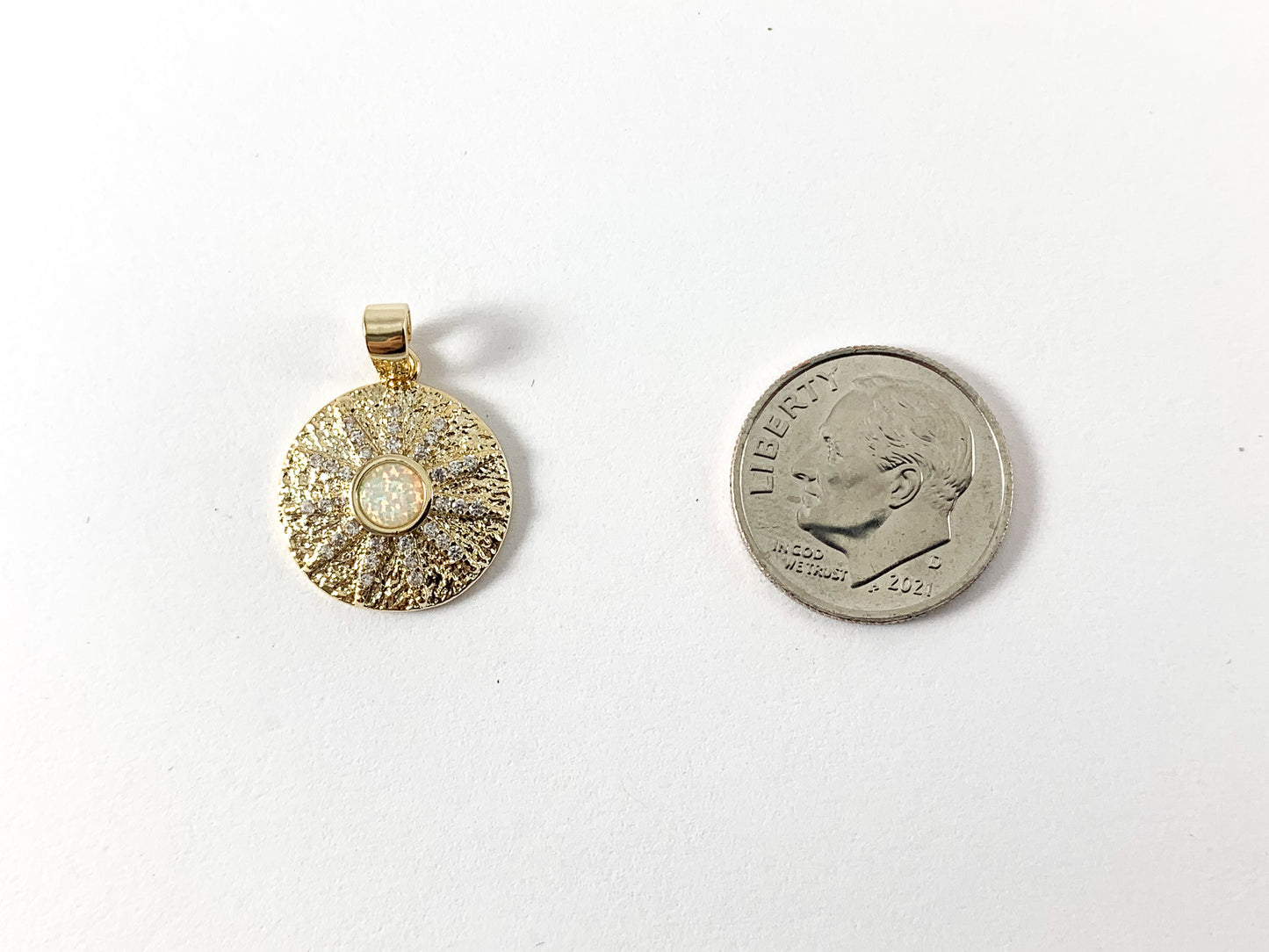 Real Gold 18K Plated CZ Pave Coin Charm Pendant with Japanese Opal 4PCS