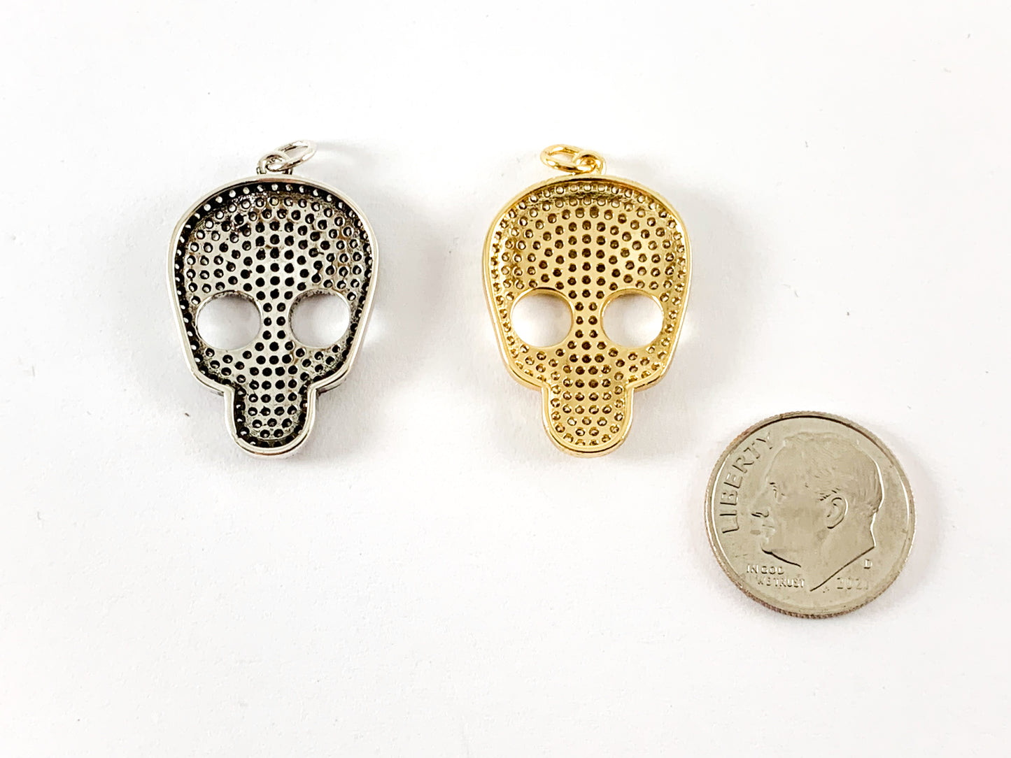 Real Gold 18K/Antique Silver Plated Micro CZ Pave Rhinestone Skull Pendant Charm Over Brass 3pcs
