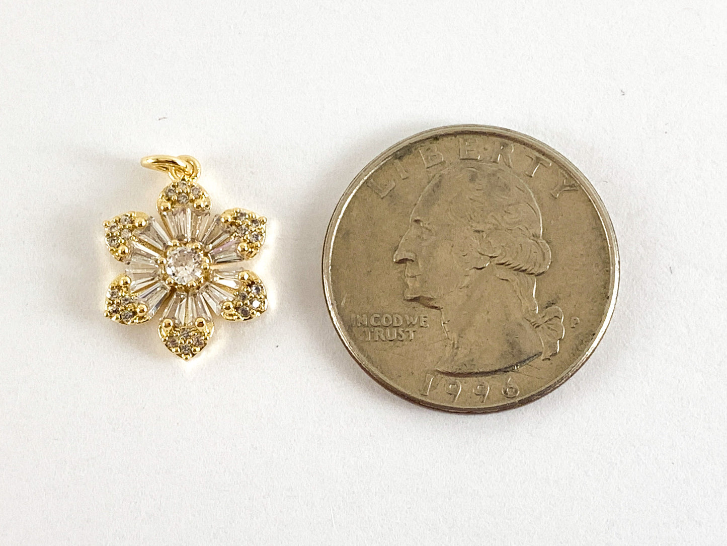 Real Gold 18K Plated Micro CZ Clear & Green Flower Pave Charm Over Brass 6PCS