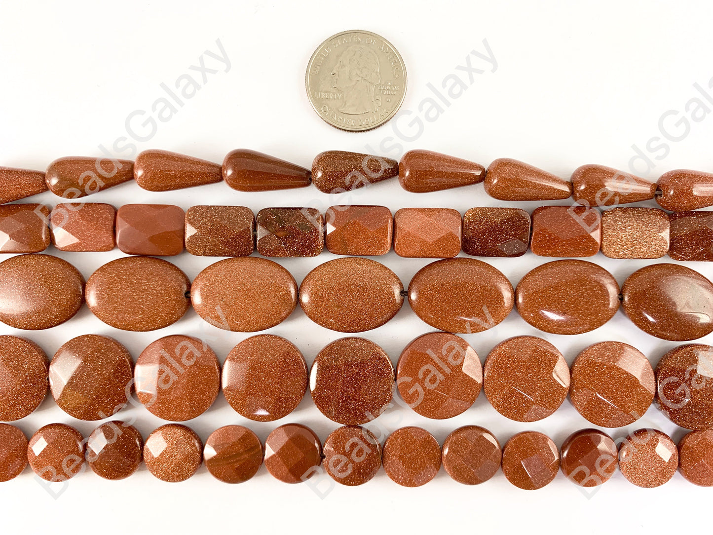 Reddish-Brown Glittering Goldstone Teardrop/ Rectangle/ Oval/ Coin Shape Flat Beads Around 15"