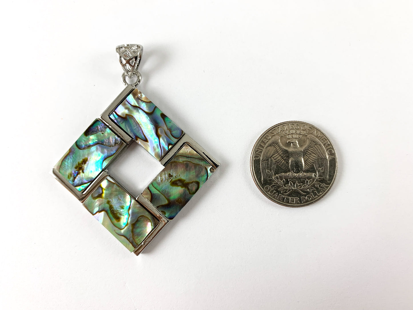 Abalone & Shell Diamond Shape Silver Pendant Pink Conch/ White Lip/Black Lip Shell/ Yellow Trocas Shell For Jewelry Making and Craft