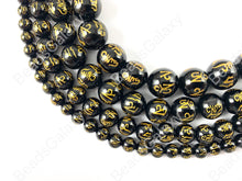 Load image into Gallery viewer, Black Onyx with Gold Powder Tibetan Six Syllable Mantra Hand Carved Round Shiny Natural Gemstone Beads High Quality Stone 6-12mm Around 15"