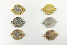 Load image into Gallery viewer, 16mm Pewter Rhinestone Coin Connector Bezel 2 Loop Charm Available in Bronze, Copper, Gold, Silver and Gunmetal, Clear and Clear AB