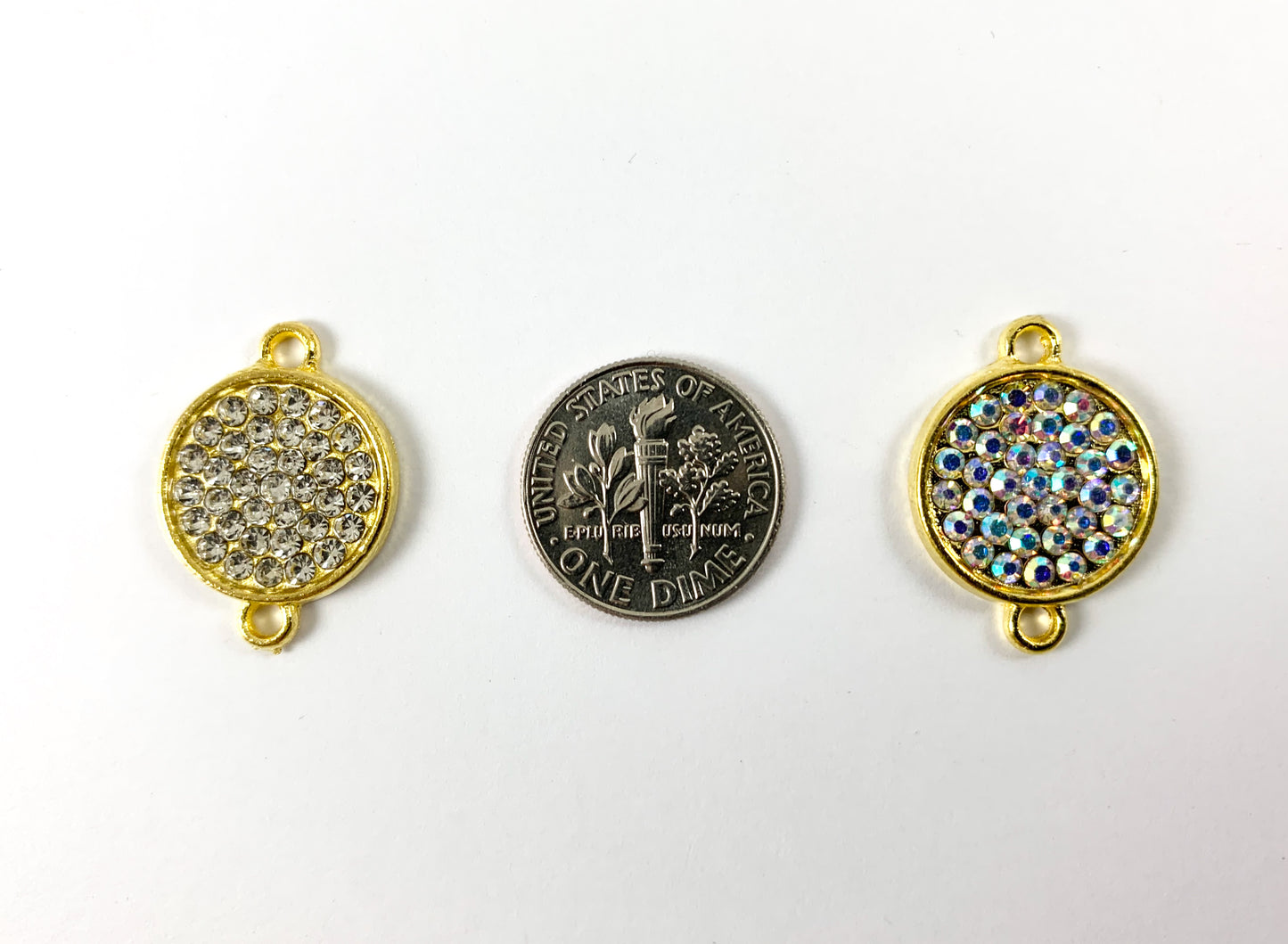 16mm Pewter Rhinestone Coin Connector Bezel 2 Loop Charm Available in Bronze, Copper, Gold, Silver and Gunmetal, Clear and Clear AB