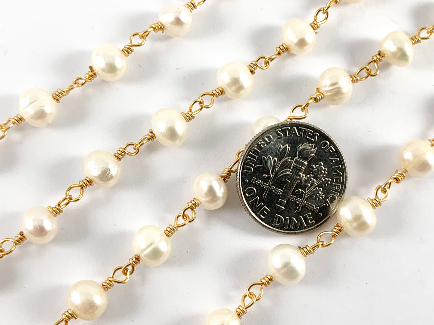 Real Gold 18K Plated Cream Freshwater Pearl Wired Chain For Jewelry Making/Designs 1 Spool