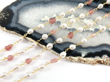 Load image into Gallery viewer, Real Gold 18K Plated Cream Imitation Pearl & Strawberry Quartz Wired Chain For Jewelry Making/Designs 1 Spool