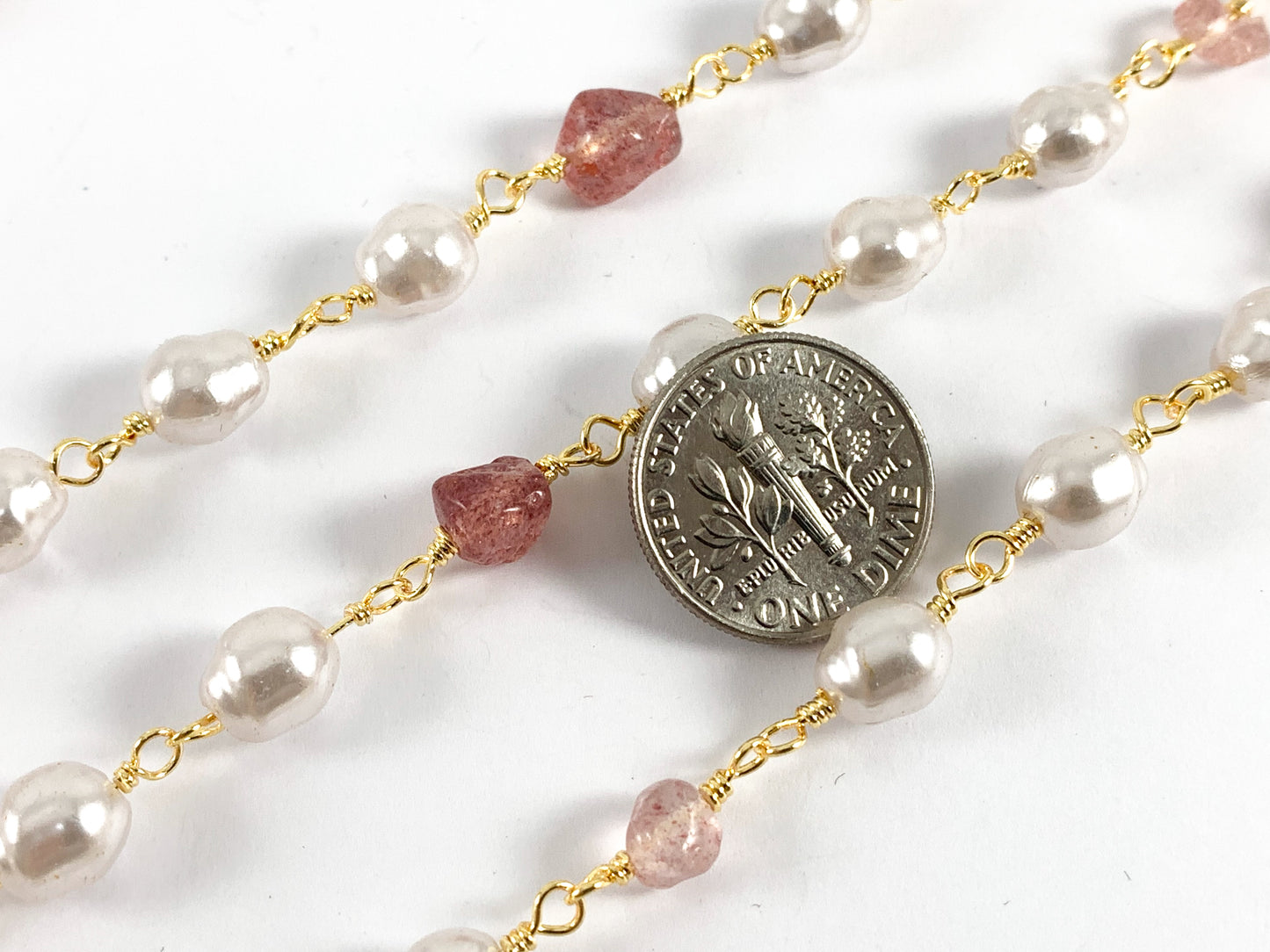 Real Gold 18K Plated Cream Imitation Pearl & Strawberry Quartz Wired Chain For Jewelry Making/Designs 1 Spool