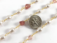Load image into Gallery viewer, Real Gold 18K Plated Cream Imitation Pearl & Strawberry Quartz Wired Chain For Jewelry Making/Designs 1 Spool