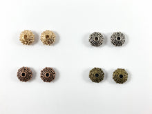 Load image into Gallery viewer, 4x9mm Pewter Base Metal Shiny Flower Carved Saucer Spacer Beads Gold, Silver, Antique Bronze, Copper 125 Grams Bag