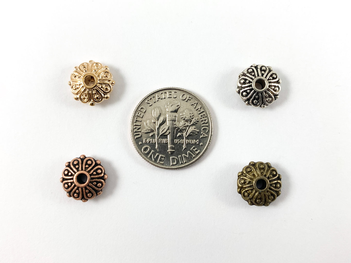 4x9mm Pewter Base Metal Shiny Flower Carved Saucer Spacer Beads Gold, Silver, Antique Bronze, Copper 125 Grams Bag
