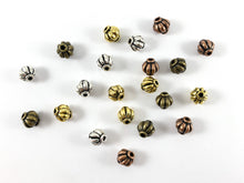 Load image into Gallery viewer, 7.5mm Pewter Base Metal Pumpkin Shaped Ribbed Spacer Beads Antique Gold, Silver, Bronze, Copper 125 Grams Bag