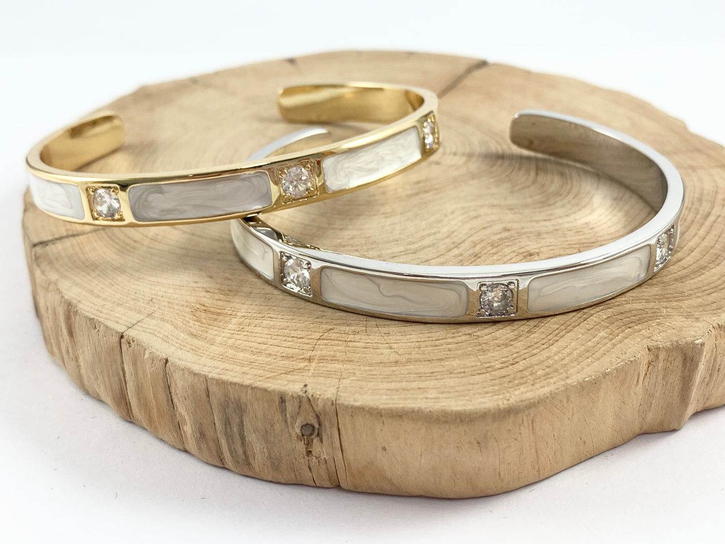 Bling Dainty Minimalist Bracelet Cuff White Acetate Gold or Silver Plated Adjustable Bracelet Cuffs over Brass 1 bracelet