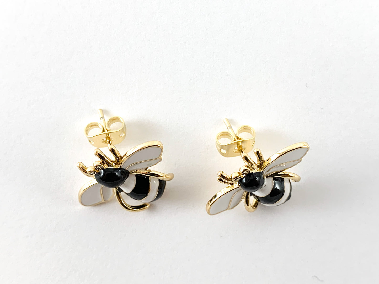 Real 18K Gold Plated Enamel Black and White Bee Earring Post Over Copper 4pairs