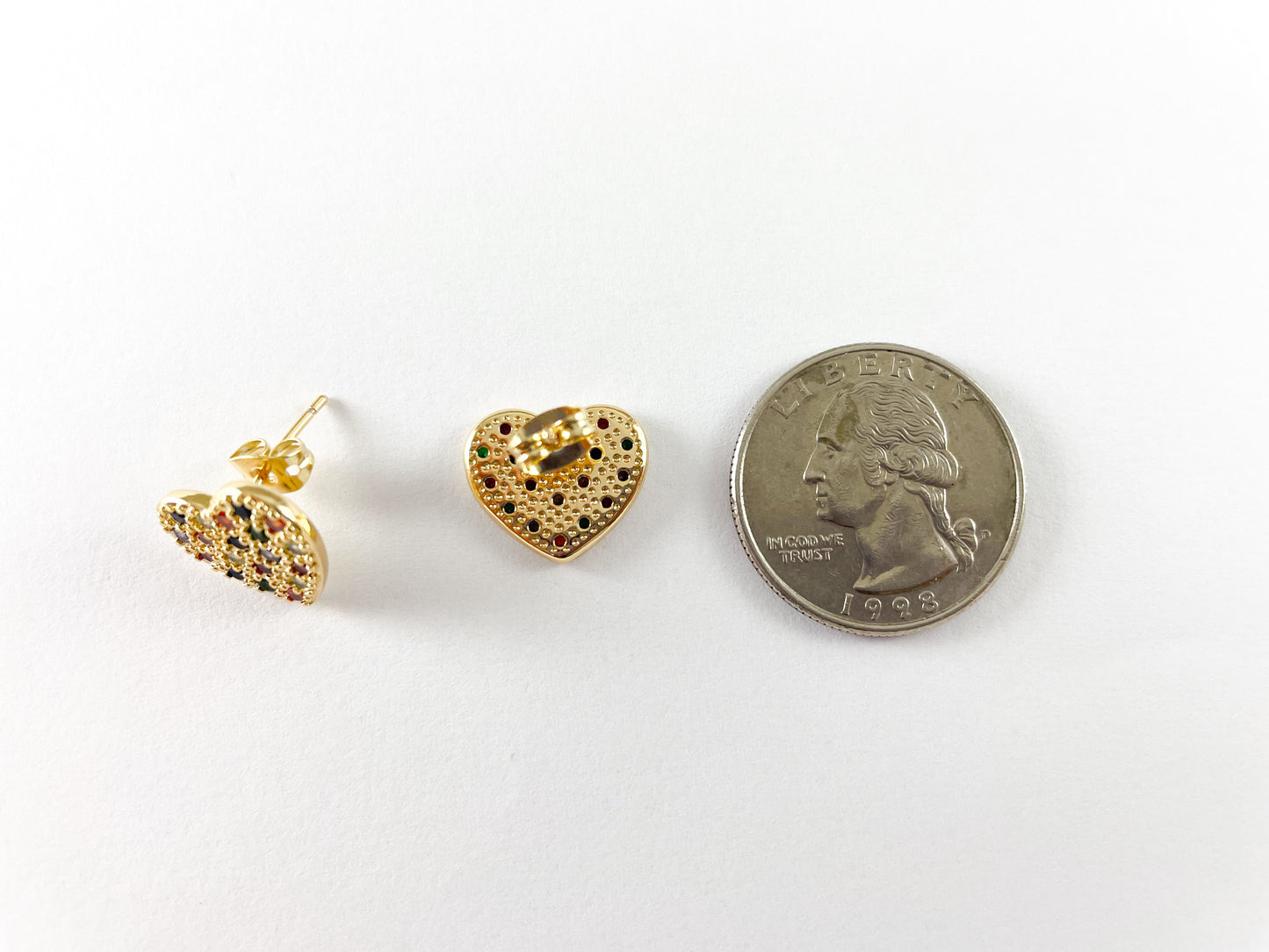 18K Gold Plated Copper Multi Clear CZ Pave Heart Studs 4pairs