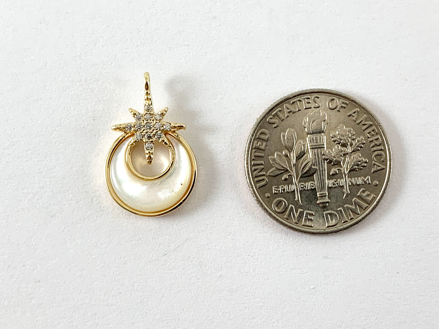 Real Gold Plated 18K Micro CZ Pave White Lip Shell Coin Charm with Stars Over Copper 6pcs