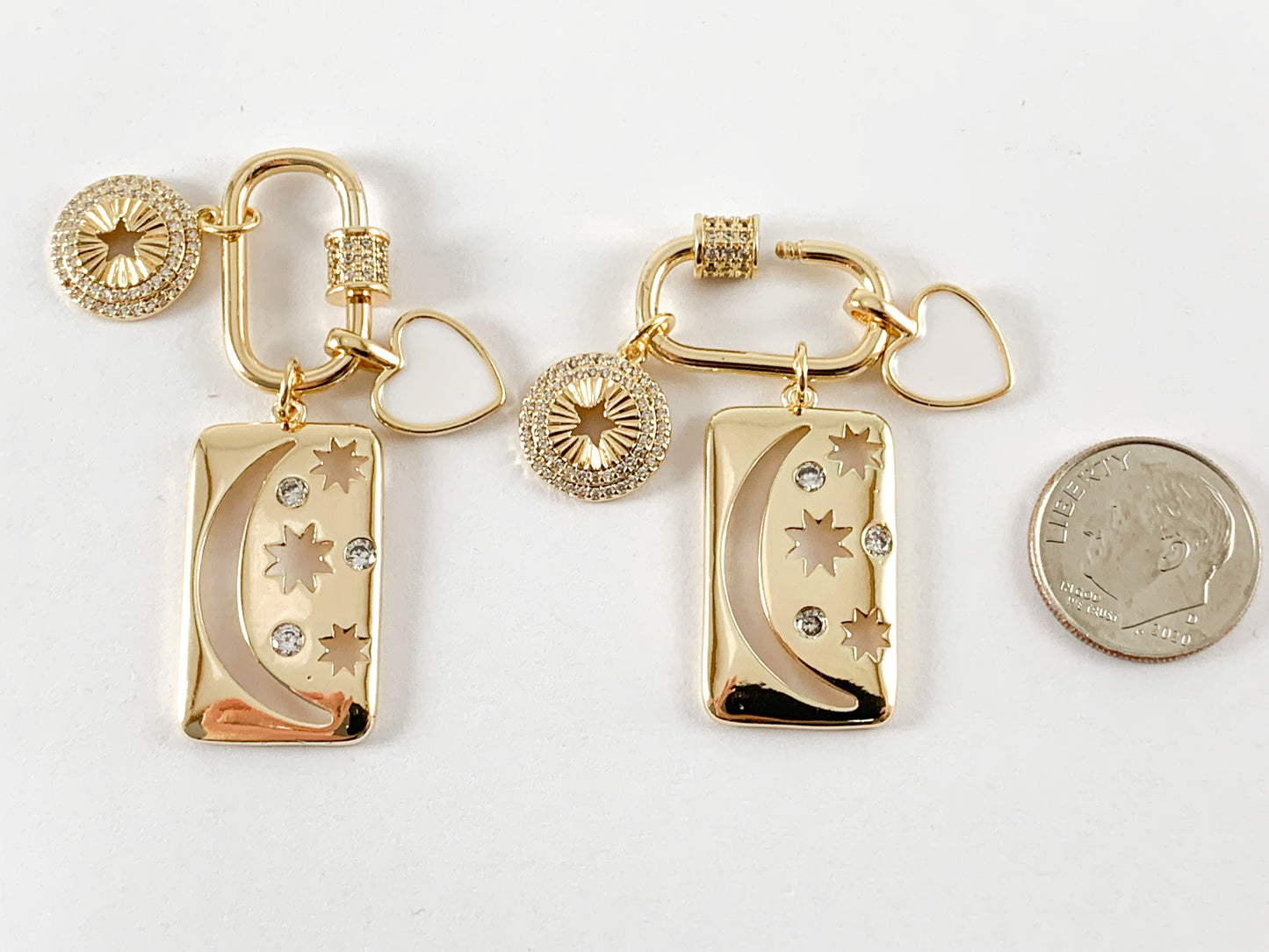 18K Gold Plated CZ Pave Star Heart Charm Rectangle Screw Clasp Pendant Over Copper 3pcs