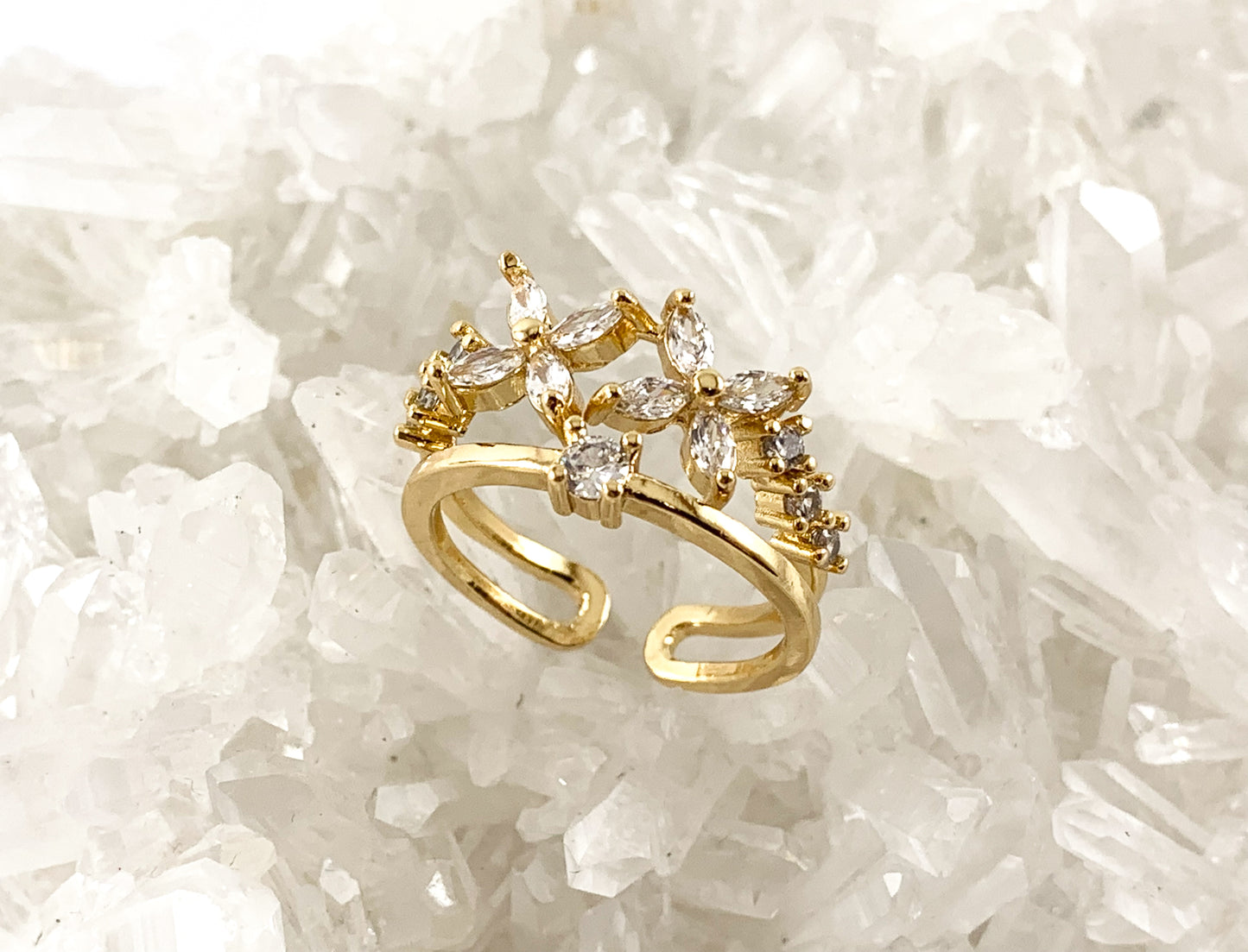 Real 18K Gold Plated CZ Pave Floral Cluster Double Band Adjustable Ring 4pc