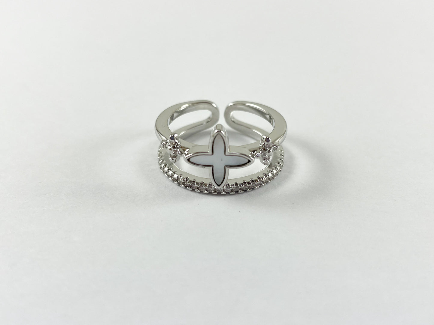 18K Gold and Platinum Plated Double Banded CZ Pave White Shell Clover Adjustable Ring 4pcs