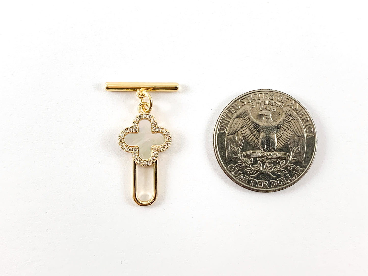 18K Gold Plated CZ Pave Clover White Lip Shell Toggle Component 6pcs