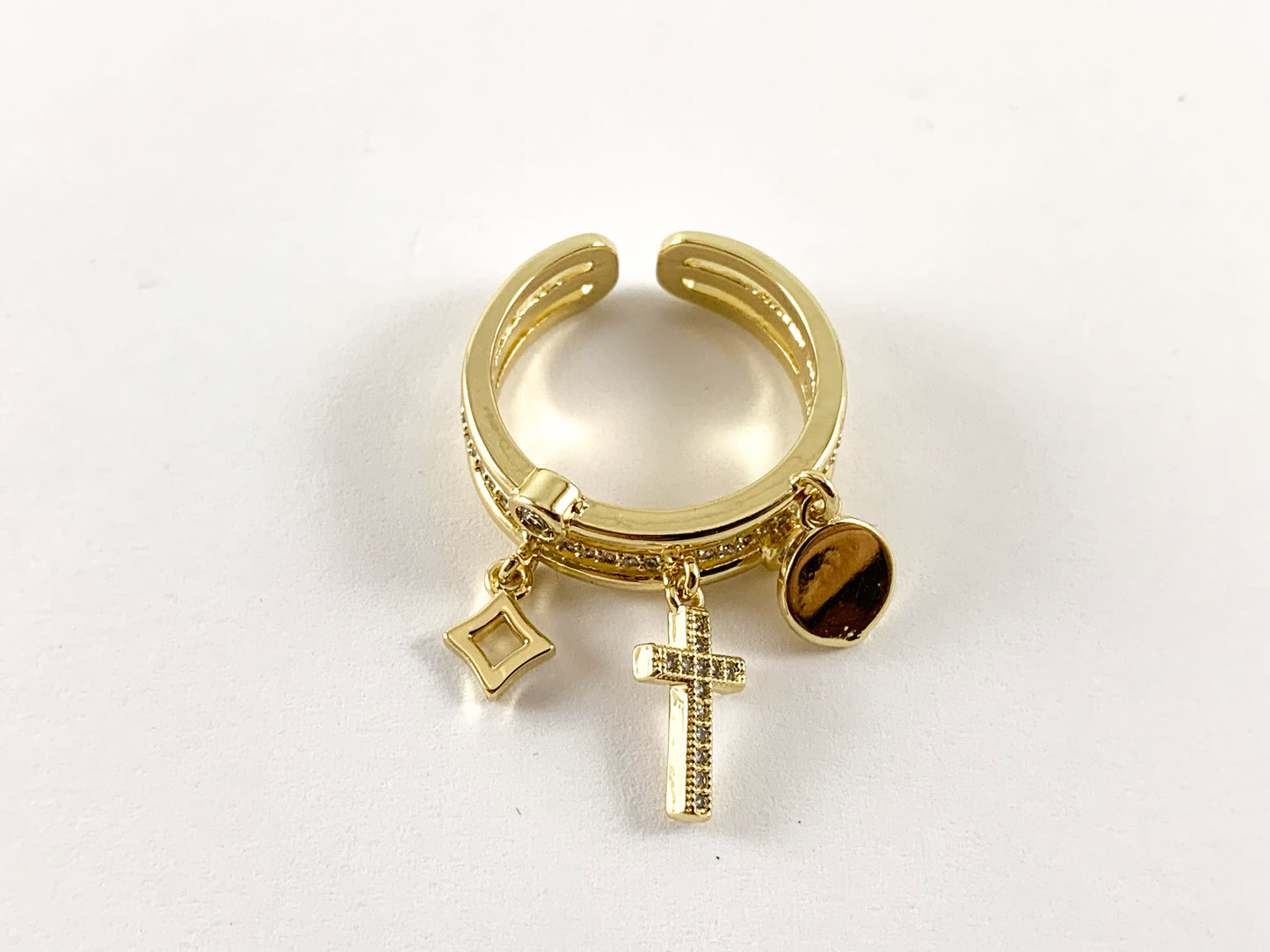 18K Real Gold/Platinum Plated CZ Pave Dangle Coin Cross Charms Triple Band Ring 4pcs