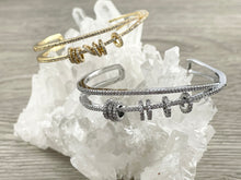 Load image into Gallery viewer, Criss Cross Dangle Coin Shiny Adjustable Bracelet Cuffs Real Gold/Silver 18K Plated CZ Pave over Copper 1 cuff