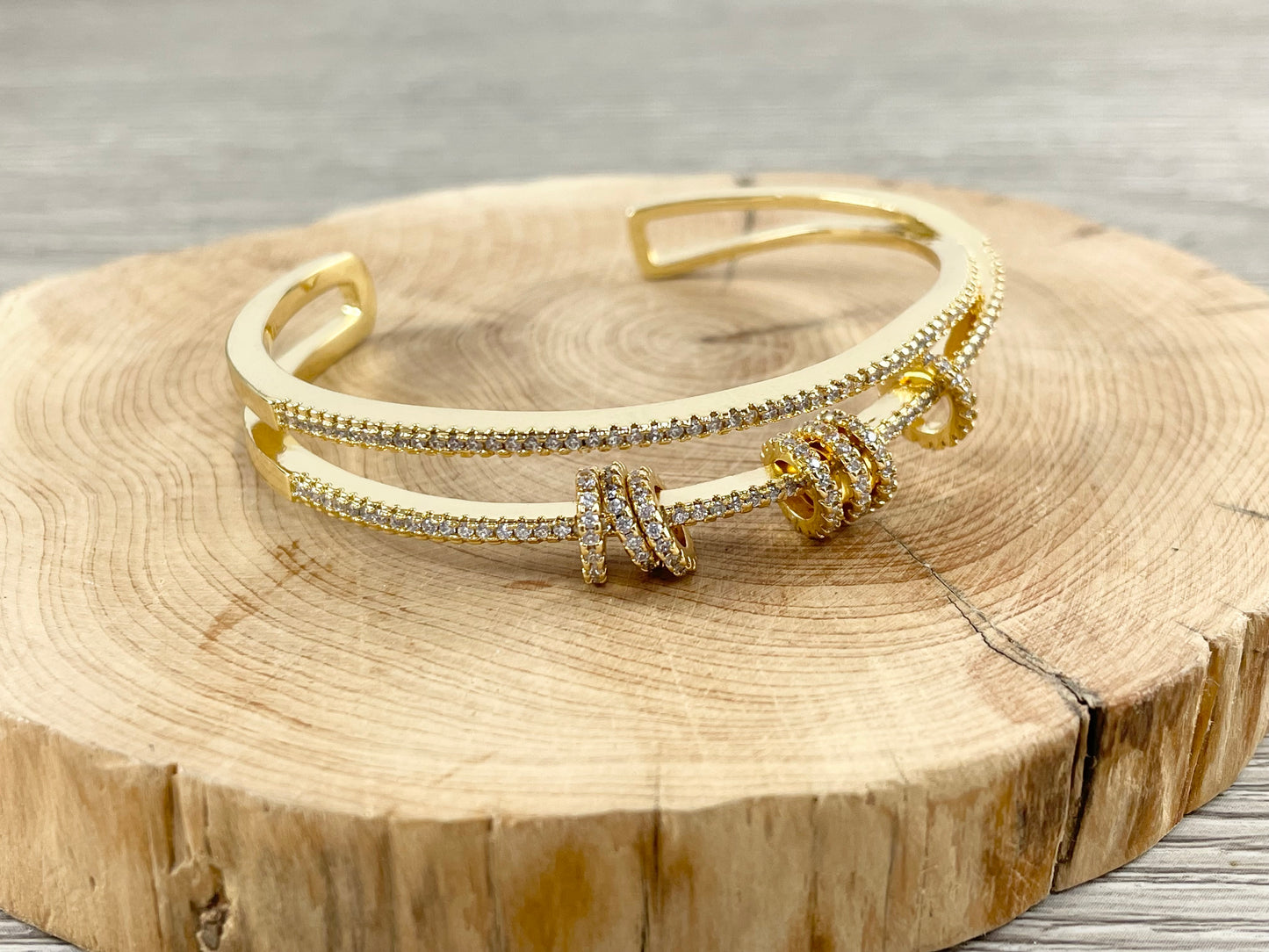 Criss Cross Dangle Coin Shiny Adjustable Bracelet Cuffs Real Gold/Silver 18K Plated CZ Pave over Copper 1 cuff