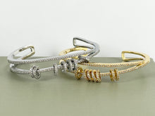 Load image into Gallery viewer, Criss Cross Dangle Coin Shiny Adjustable Bracelet Cuffs Real Gold/Silver 18K Plated CZ Pave over Copper 1 cuff