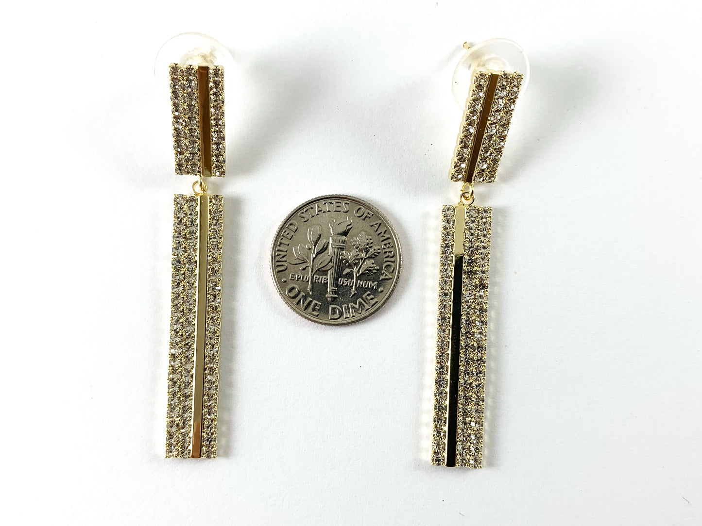 Real 18K Gold Plated CZ Pave Long Rectangle Earrings Over Copper 3 pairs