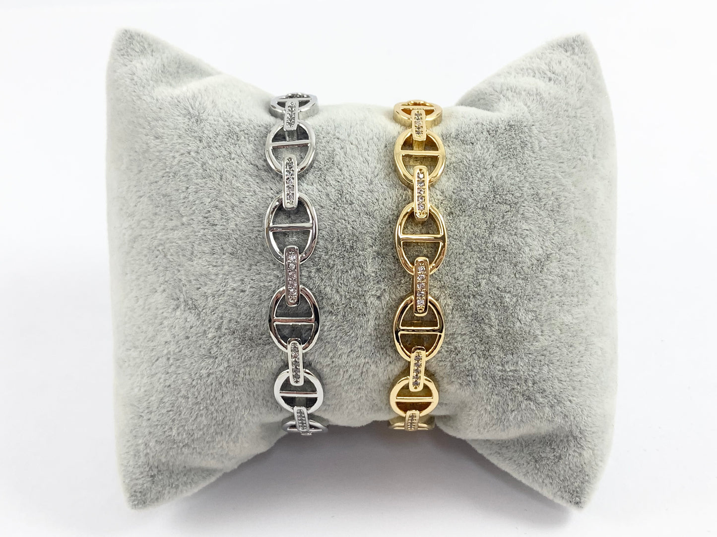 Mariner Coffee Bean Link Bling Stackable Bracelet Cuff in Gold or Silver Plated CZ Pave Adjustable Pig Nose Bracelet Cuffs over Brass 1 bracelet