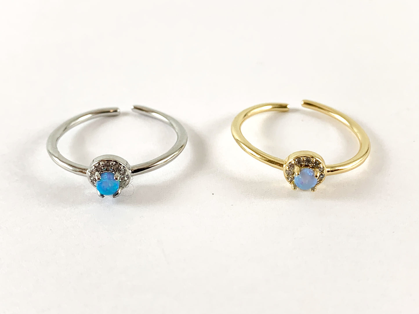 18K Real Gold/Platinum Plated CZ Pave Dainty White Blue Japanese Opal Adjustable Ring 4pcs