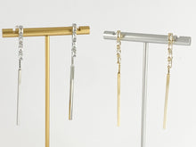 Load image into Gallery viewer, Dainty Long CZ Pave baguette Stick Dangle Earrings in 18K Gold or Silver Plated over Copper 3 pairs