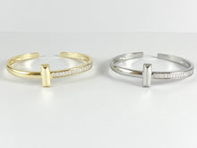 Load image into Gallery viewer, T Shaped CZ Pave Baguette Style Bracelet Cuffs in 18K Gold or Silver plated Copper 1 pc