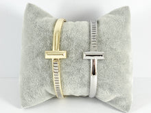 Load image into Gallery viewer, T Shaped CZ Pave Baguette Style Bracelet Cuffs in 18K Gold or Silver plated Copper 1 pc