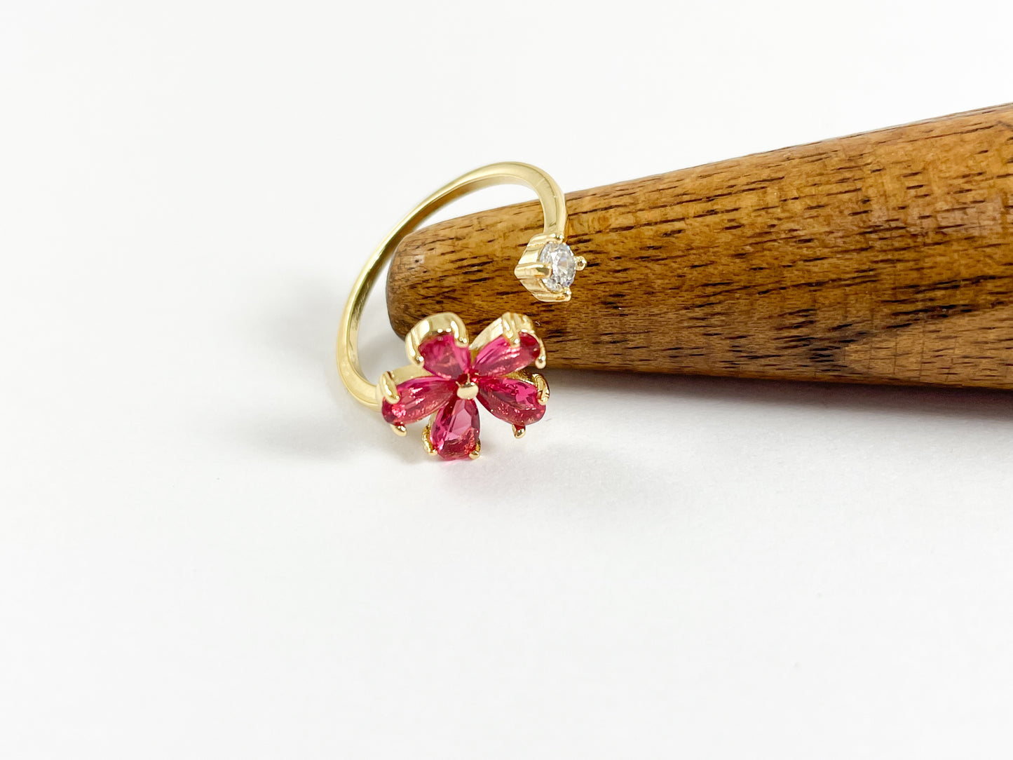 Real Gold 18K Plated CZ Pave Pink Daisy Adjustable Open Front Ring over Copper 6pcs