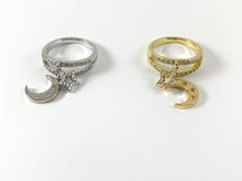 Load image into Gallery viewer, 18K Real Gold/Platinum Plated CZ Pave Dangle Moon Star Charms Double Band Ring Size 6.5 4pcs