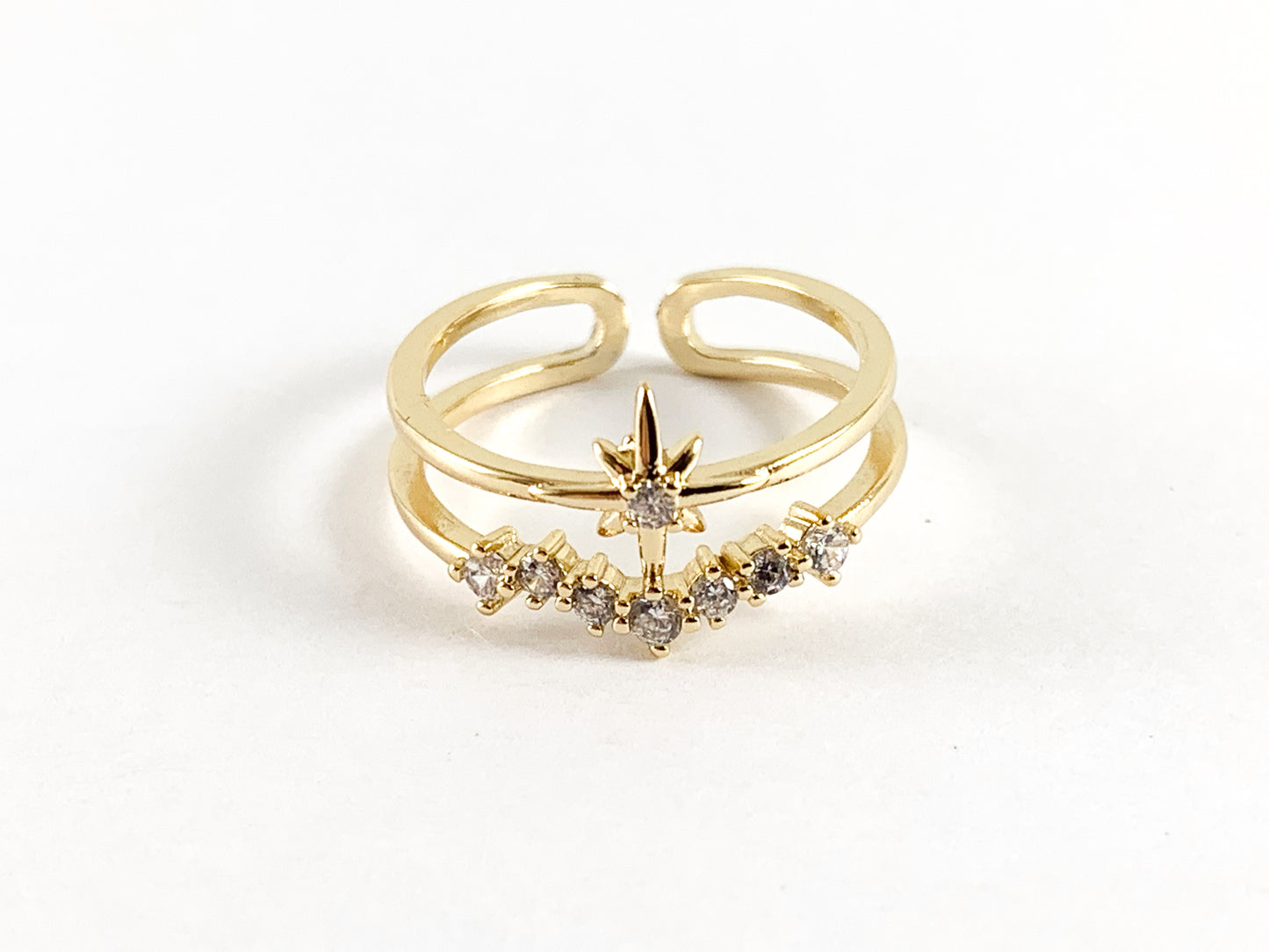 Real Gold/platinum 18K Plated Copper CZ Pave Double Banded Starburst Adjustable Ring 4 pcs