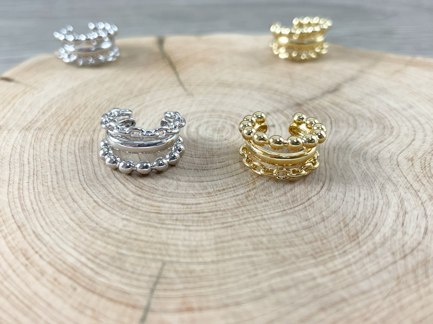 Ear Cuffs- Triple Band Beaded Link Cuffs in 18K Gold and Platinum Plating (No Piercing!!) 10pcs