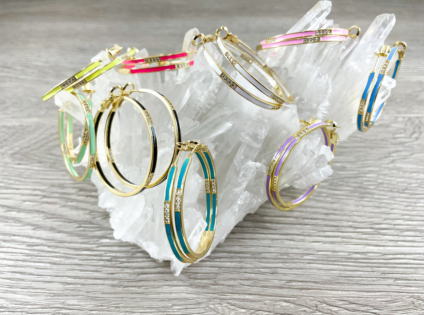 18K Gold Plated Enamel Pastel Thin CZ Pave Earring Hoops in a Copper Base 2 pairs