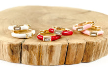 Load image into Gallery viewer, Real Gold 18K Plated CZ Pave Enamel Pink White Red Gold Earring Hoop Huggies 4 pairs