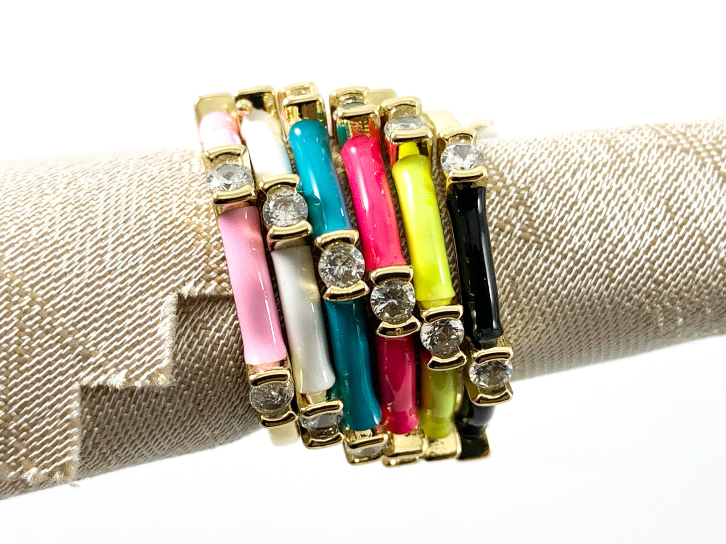 Neon Colorful Enamel 18K Gold Plated Copper CZ Pave Adjustable Ring 4pcs