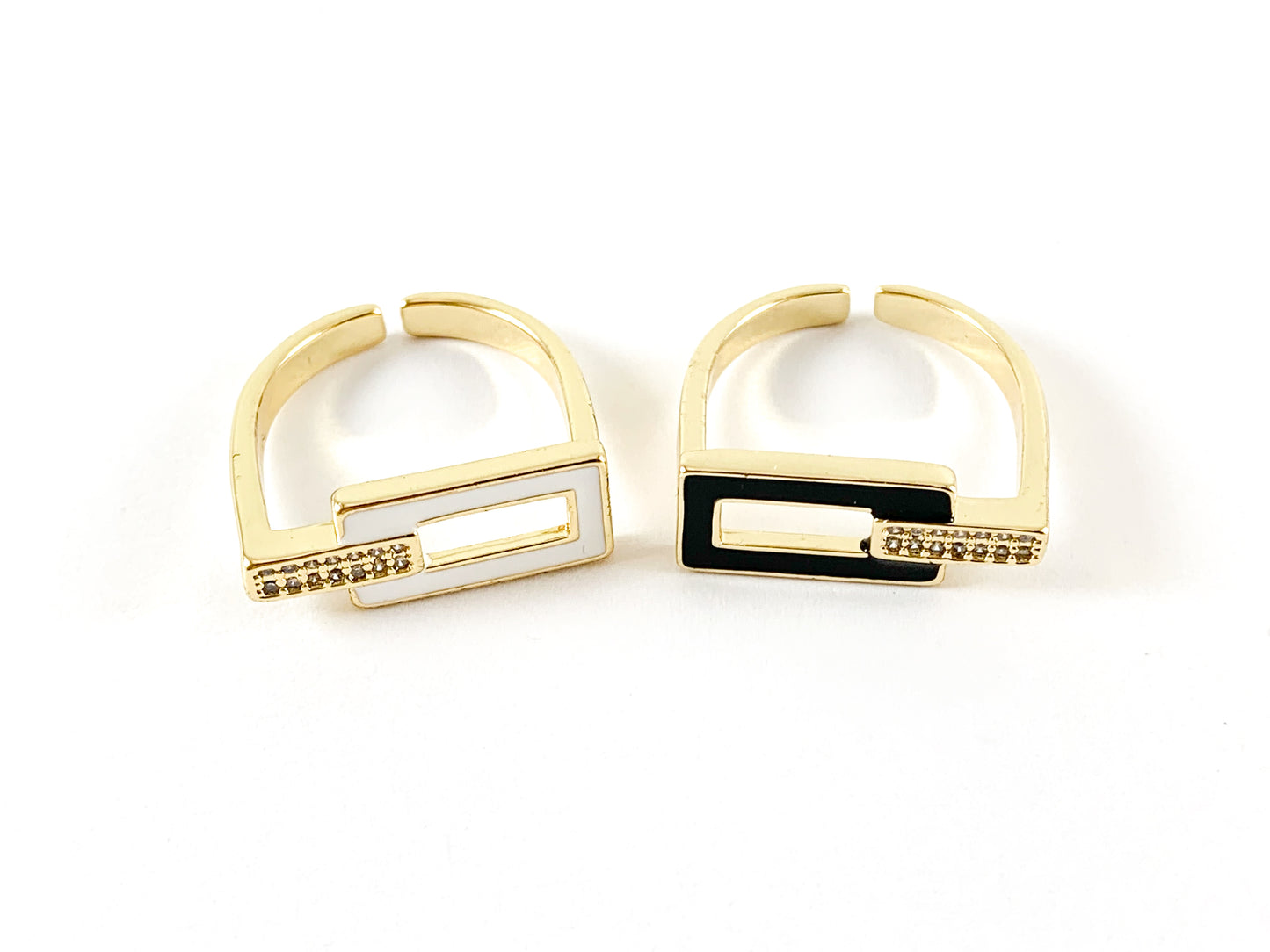 18K Real Gold Plated CZ Pave Enamel Geometric Vintage Open Rectangle Statement Ring 4pcs