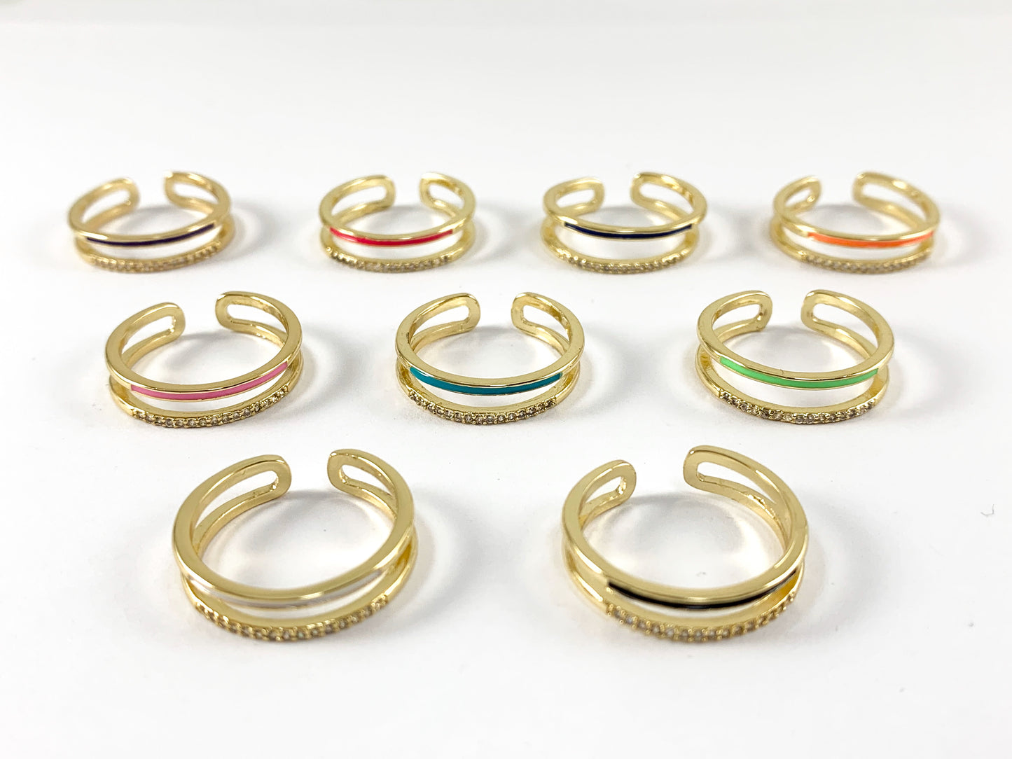 Neon Colorful Enamel 18K Gold Plated Copper CZ Pave Double Band Adjustable Ring 4pcs