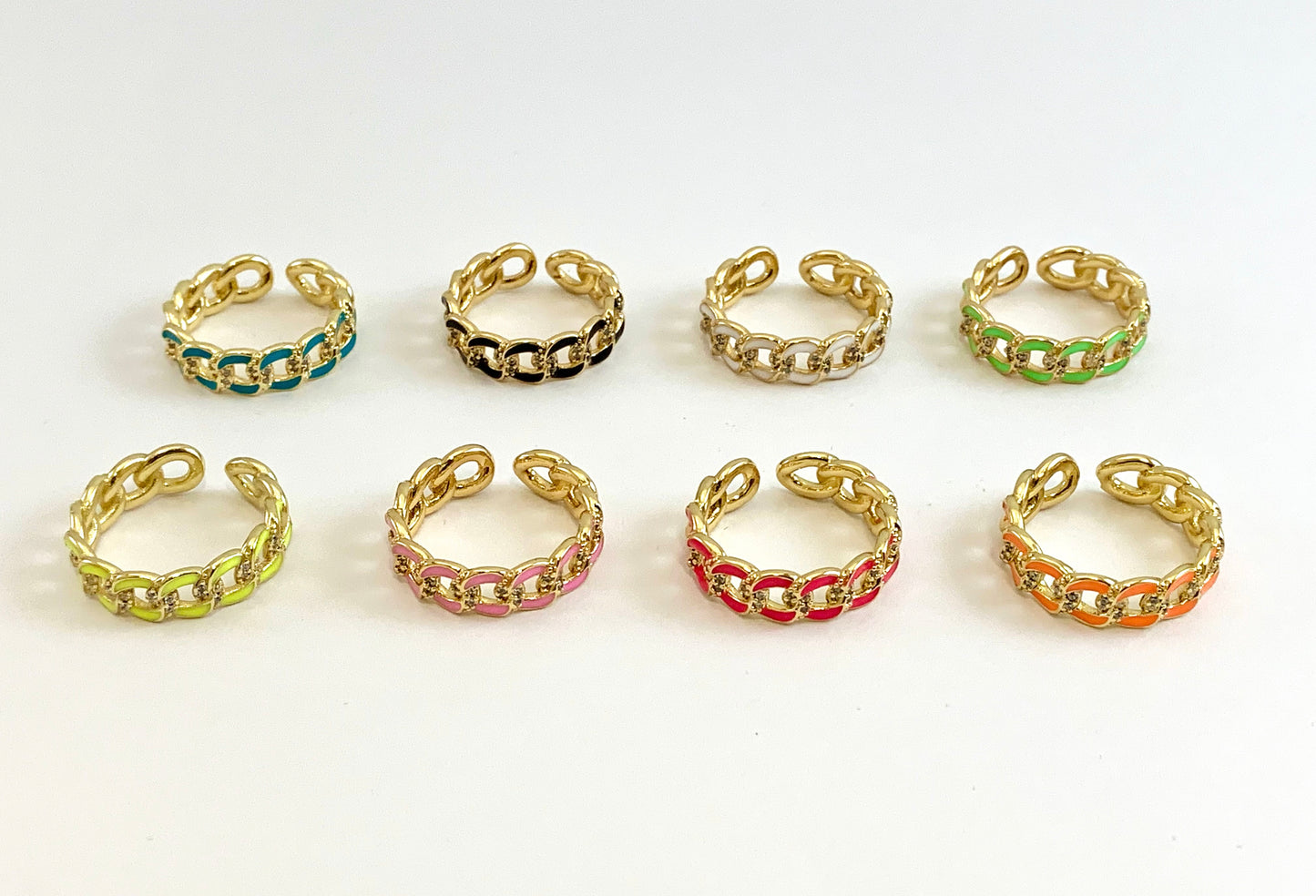 Neon Colorful Enamel 18K Gold Plated Copper CZ Pave Cuban Link Adjustable Ring 4pcs