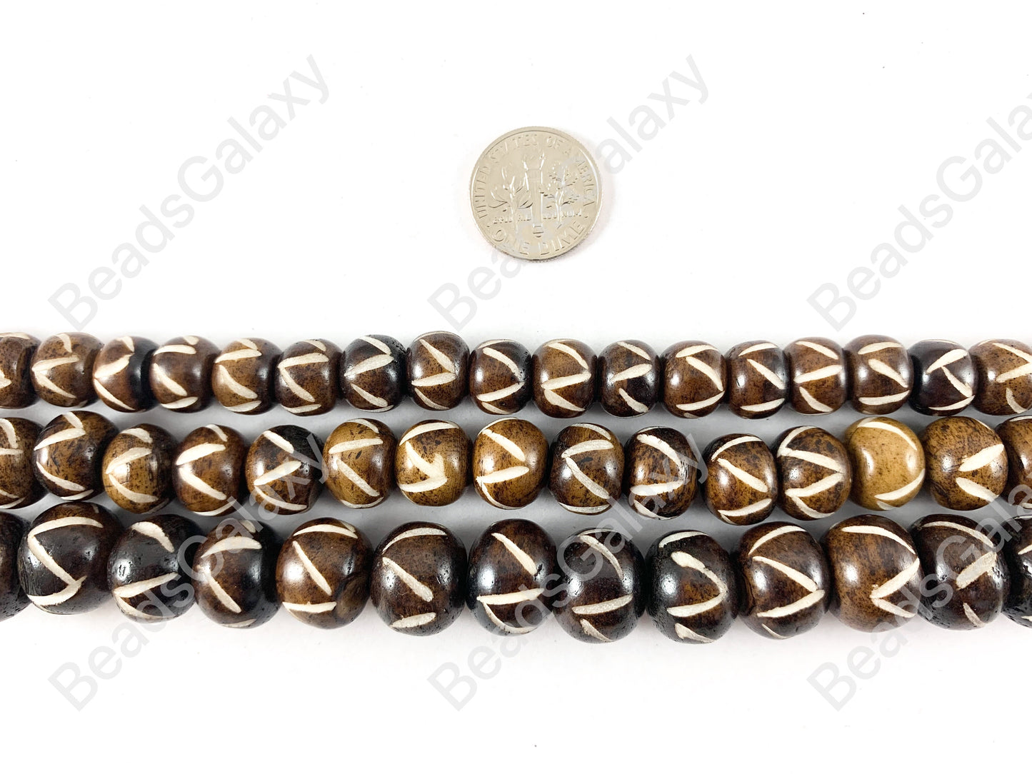 Hand Carved Bone - Brown Etched Zigzag Pattern Shiny Glossy Finish Bone Beads