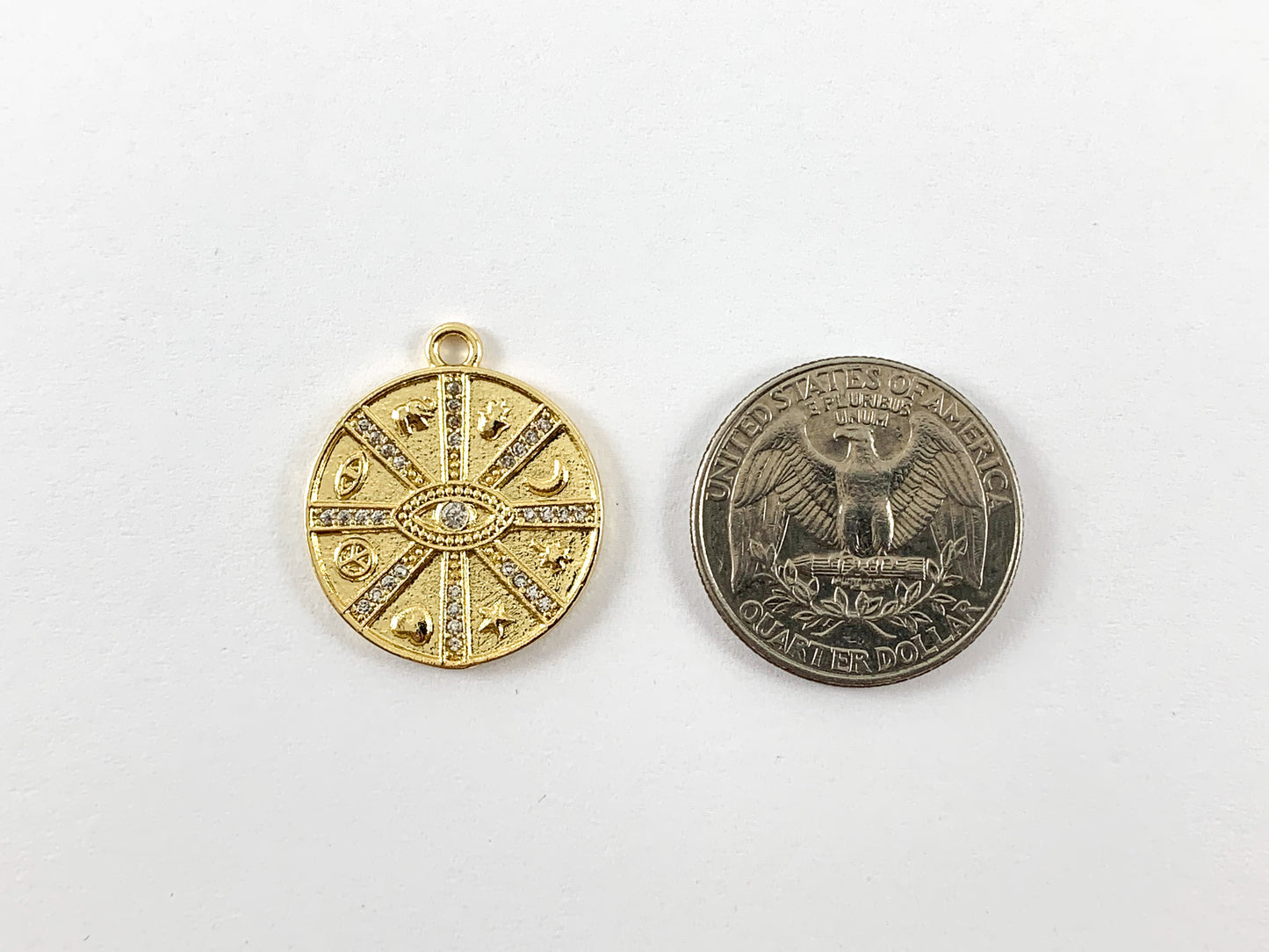 Real Gold 18K Plated CZ Pave Coin Evil Eye Zodiac Charm Pendant Over Brass 6pcs