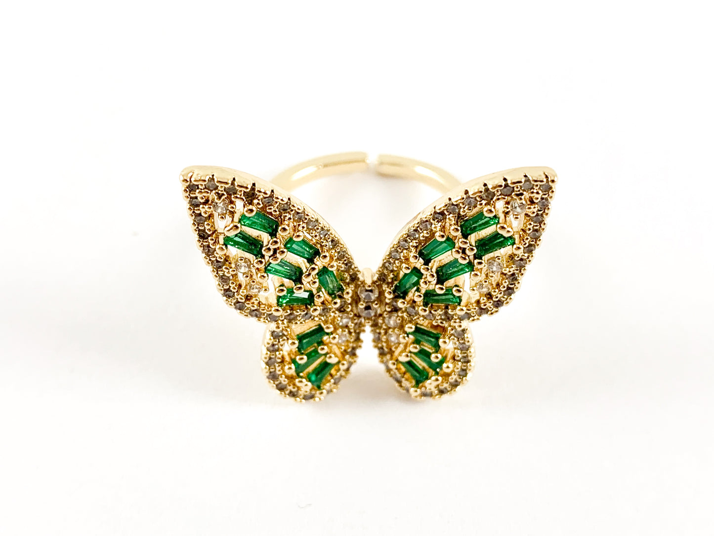 Real Gold 18K Plated Copper CZ Pave Green Butterfly Adjustable Ring 3 pcs