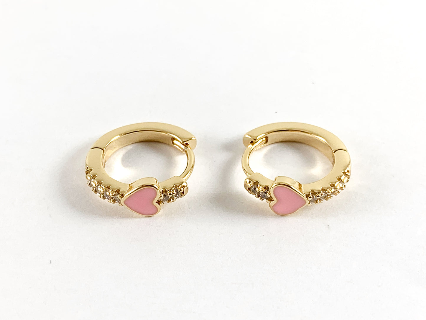 Real Gold 18K Plated Pink Enamel Hearts CZ Pave Earring Hoop Huggies 4 pairs