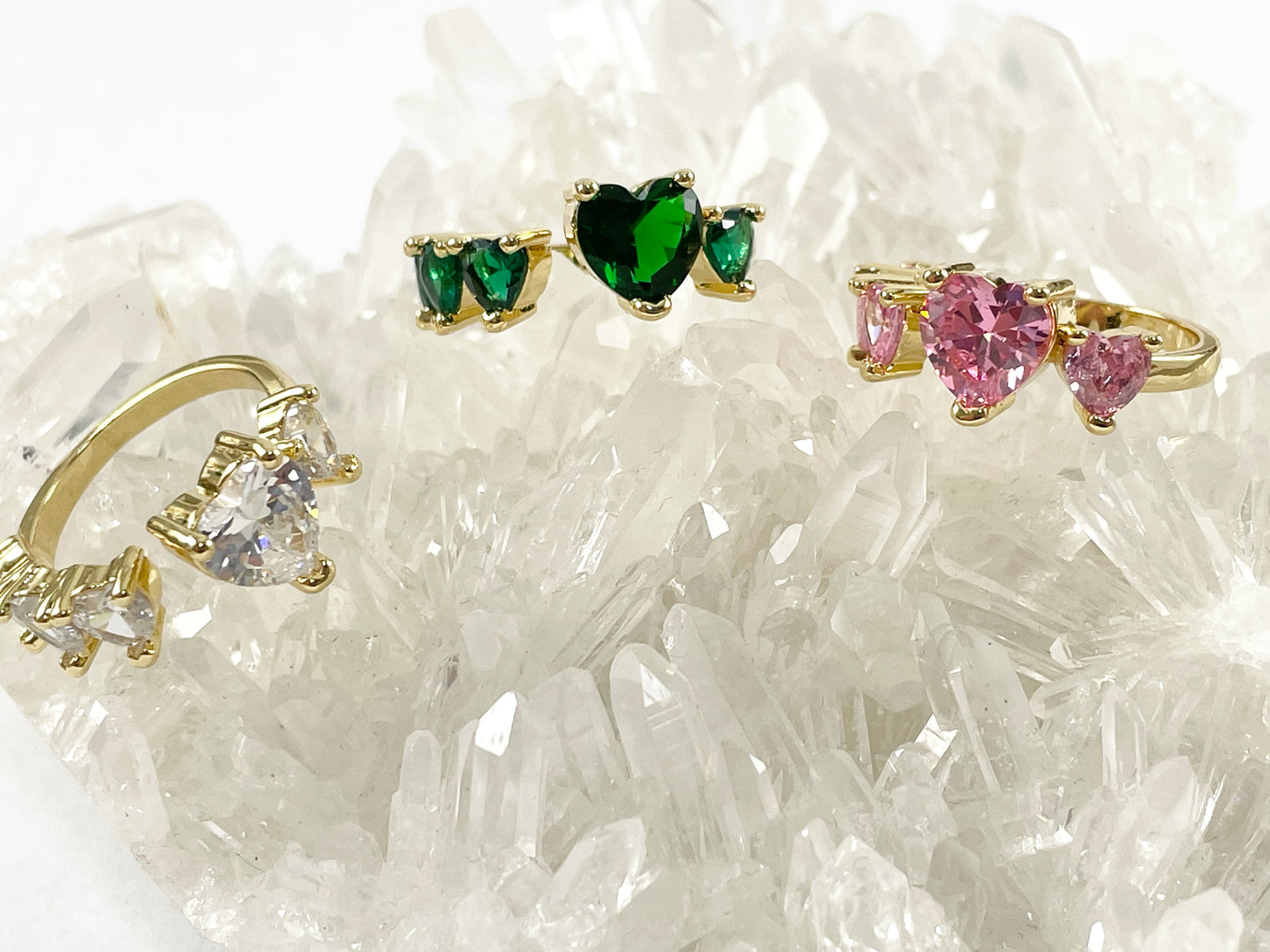 Real Gold 18K Plated CZ Pave Mini Hearts Open Front Pink Green Clear Adjustable Ring 4pcs