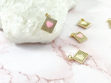 Load image into Gallery viewer, Gold 18K Plated Pink Heart Enamel Rectangle Tag Pendant Charm Over Copper 6pcs