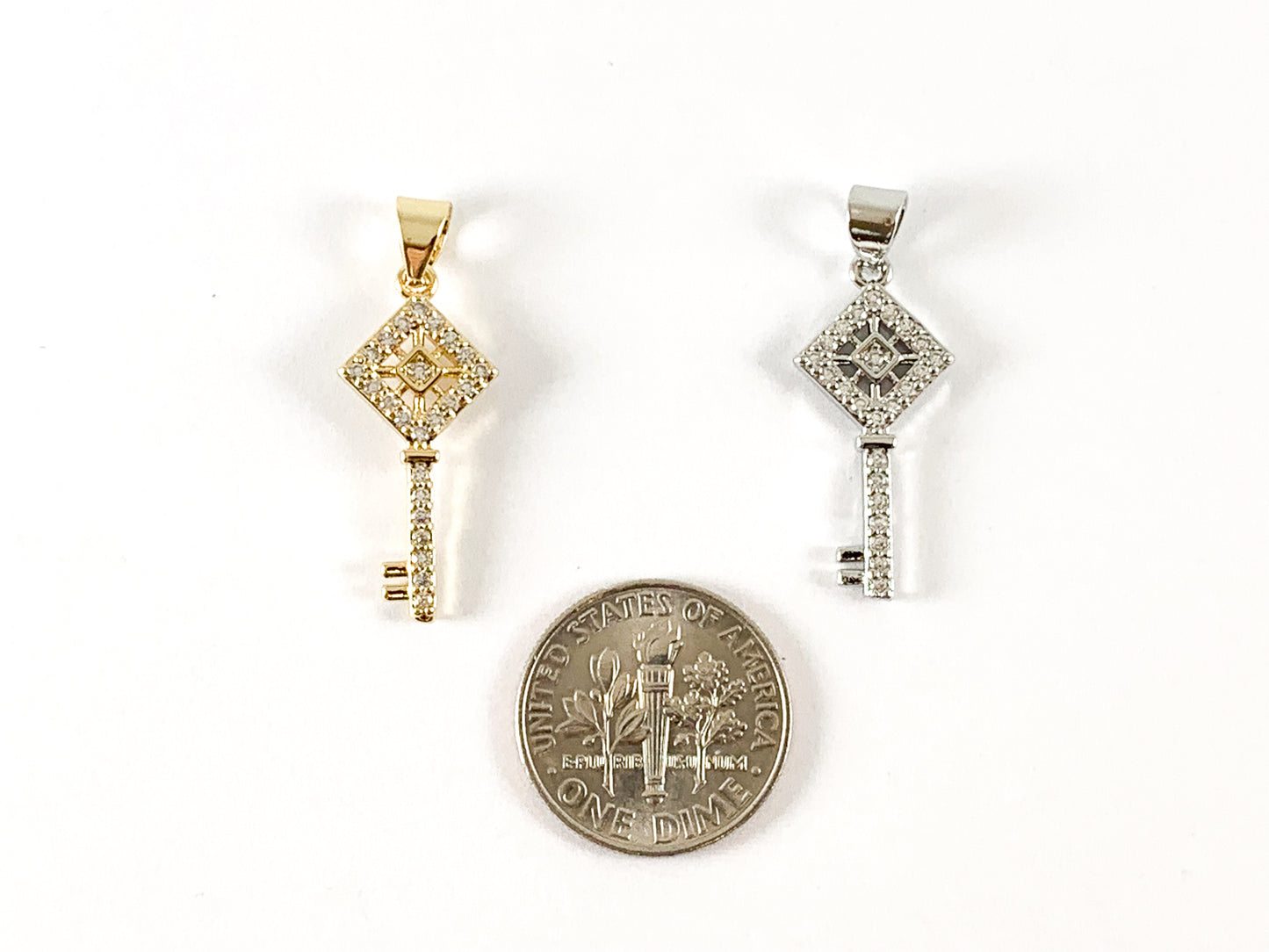 18K Real Gold/Platinum Plated Micro CZ Pave Diamond Key Charm Pendant Over Copper 8pcs